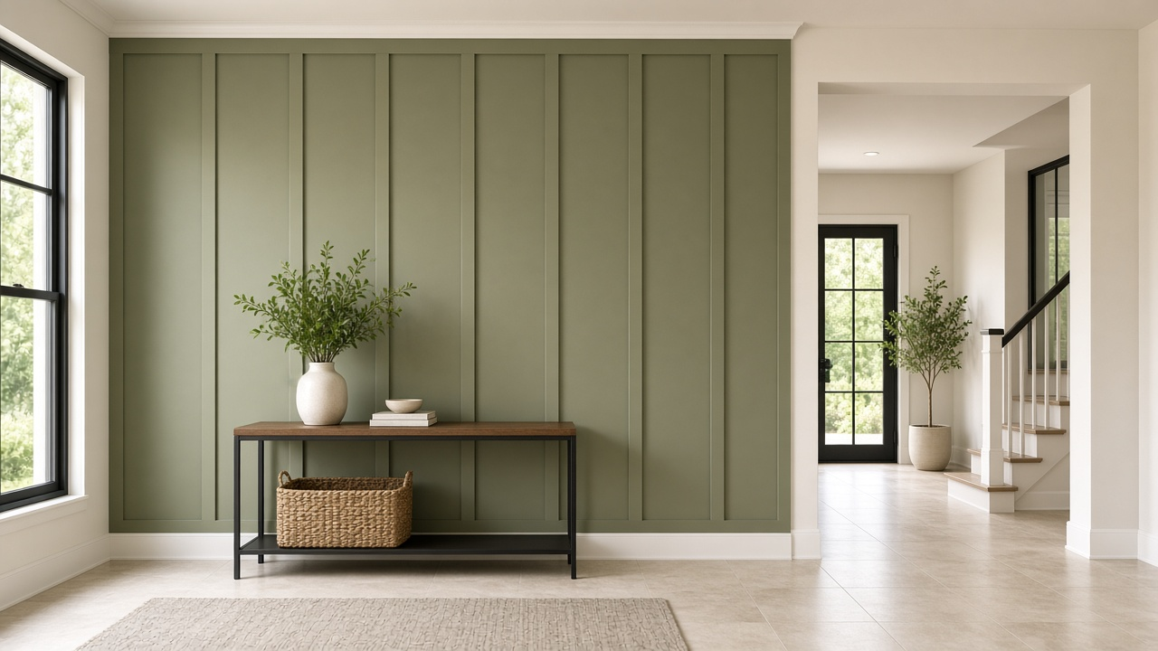 Entry with a sage green board and batten accent wall above a console table and basket