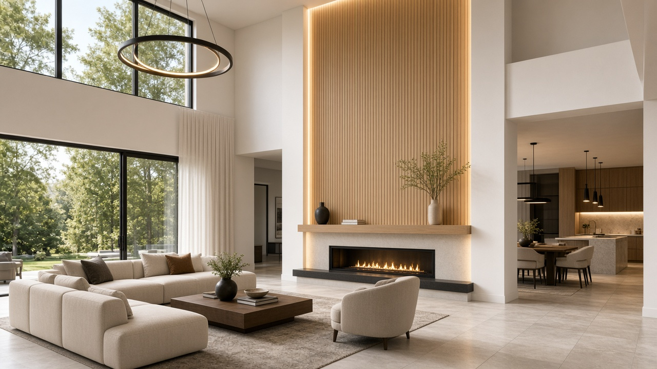 Two-story great room with an oak fluted feature wall above a linear fireplace