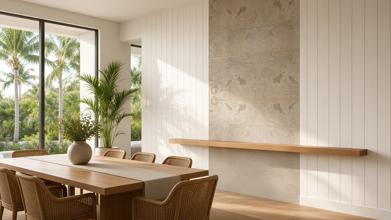 Dining with Dune Grass Bay + Cypress V-Groove accent wall design rendering in South Sarasota, Florida