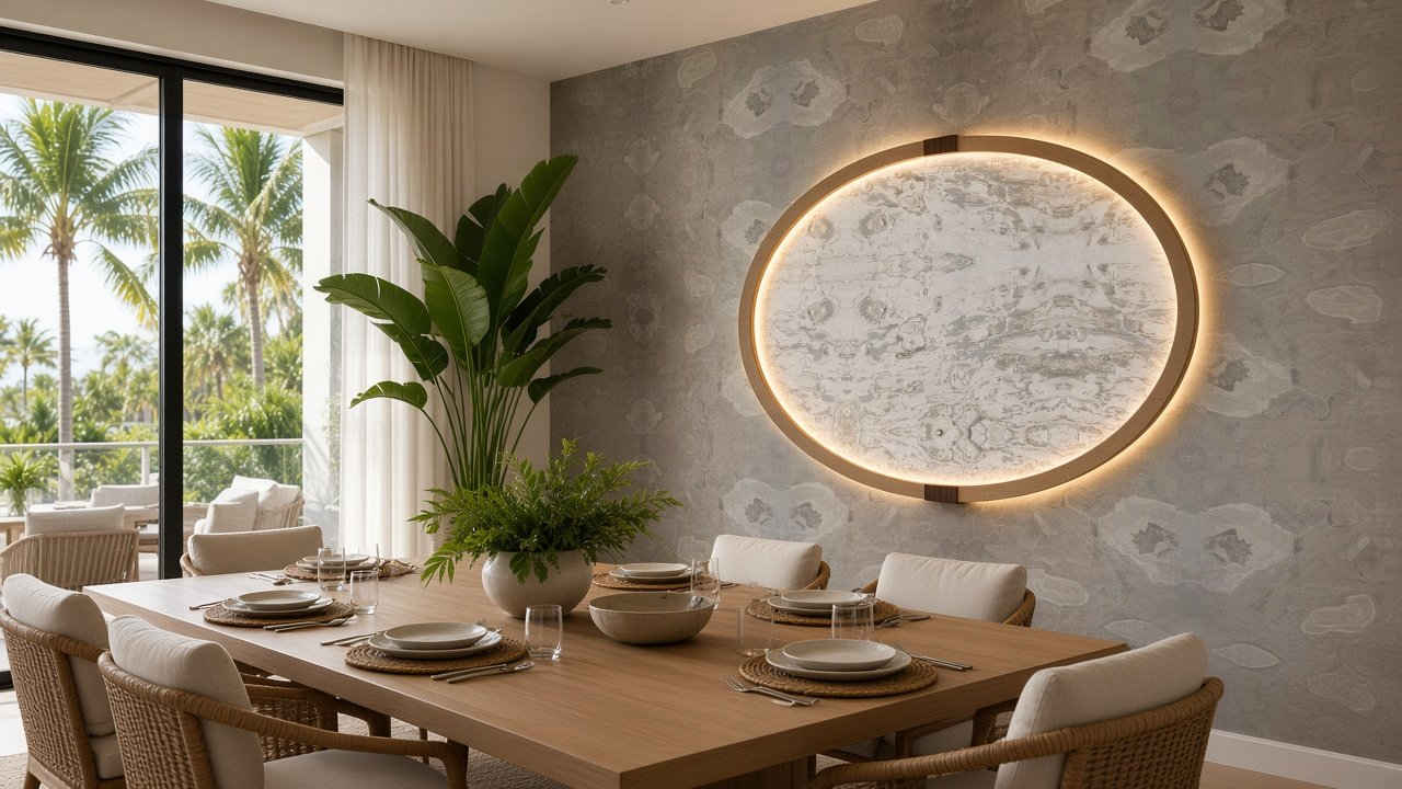 Dining with Lemon Bay Fog Field + Shell Mound Oval accent wall design rendering in Englewood, Florida