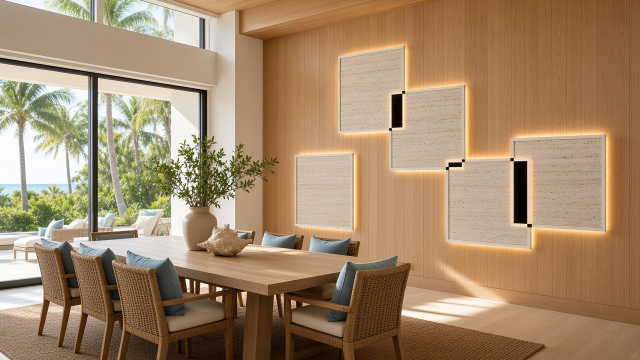 Dining with Oak Field + Framed Tabby Shell Squares accent wall design rendering in Longboat Key, Florida