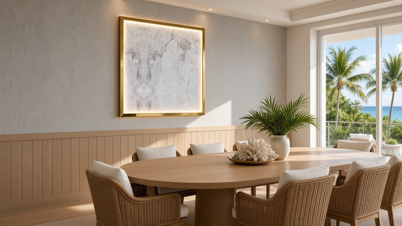 Dining with Oak Wainscot + Keys Sky Upper + Moonglow accent wall design rendering in Babcock Ranch, Florida