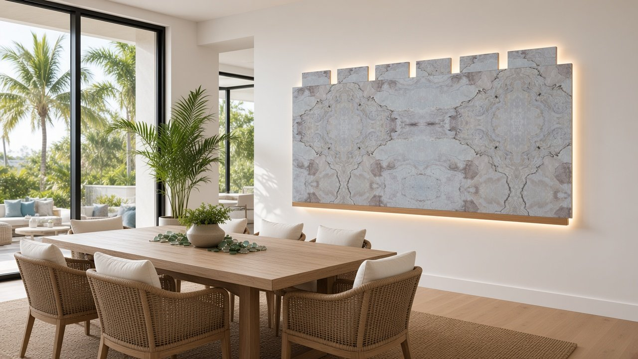 Dining with Scalloped Moonshell Floating Panel accent wall design rendering in Venice, Florida
