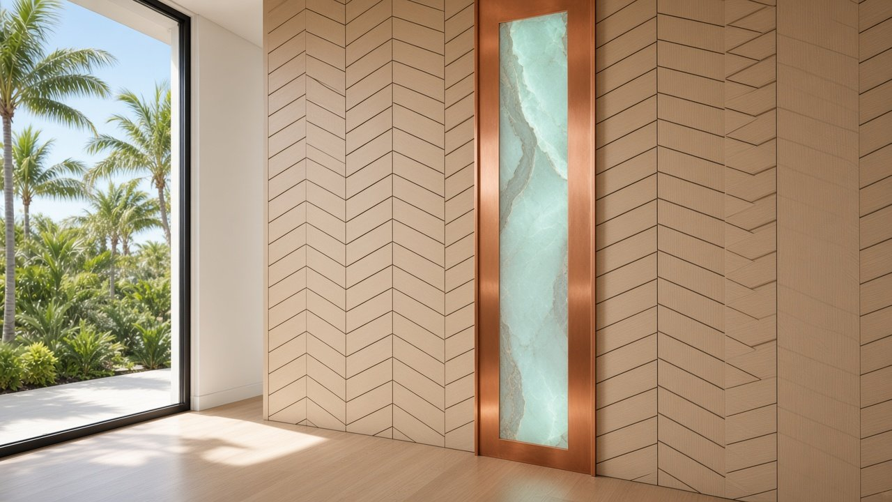 Foyer with Chevron Oak + Sea Mist Slot accent wall design rendering in Sarasota, Florida