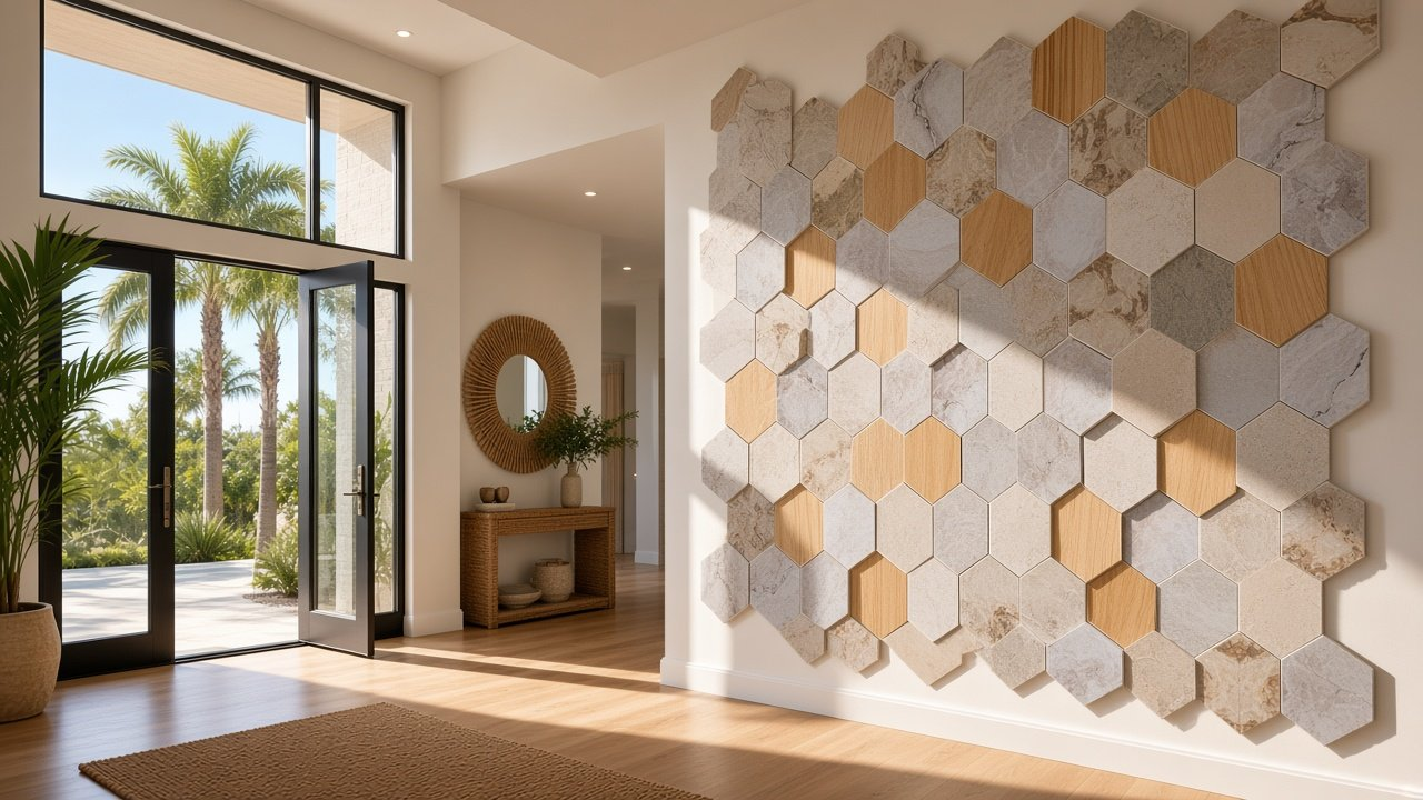 Foyer with Coastal Stone Honeycomb Patchwork accent wall design rendering in Tampa, Florida