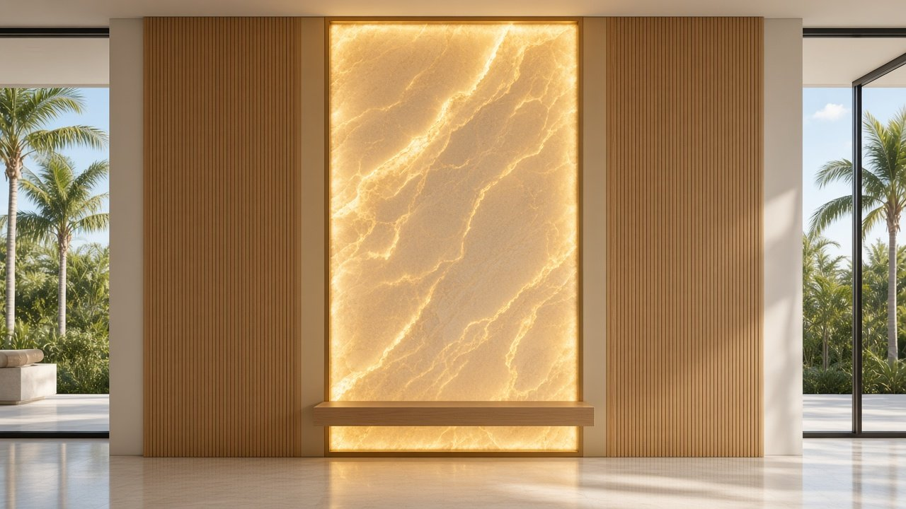 Foyer with Fluted Oak Towers + Honey Glow Centre accent wall design rendering in Fort Myers, Florida