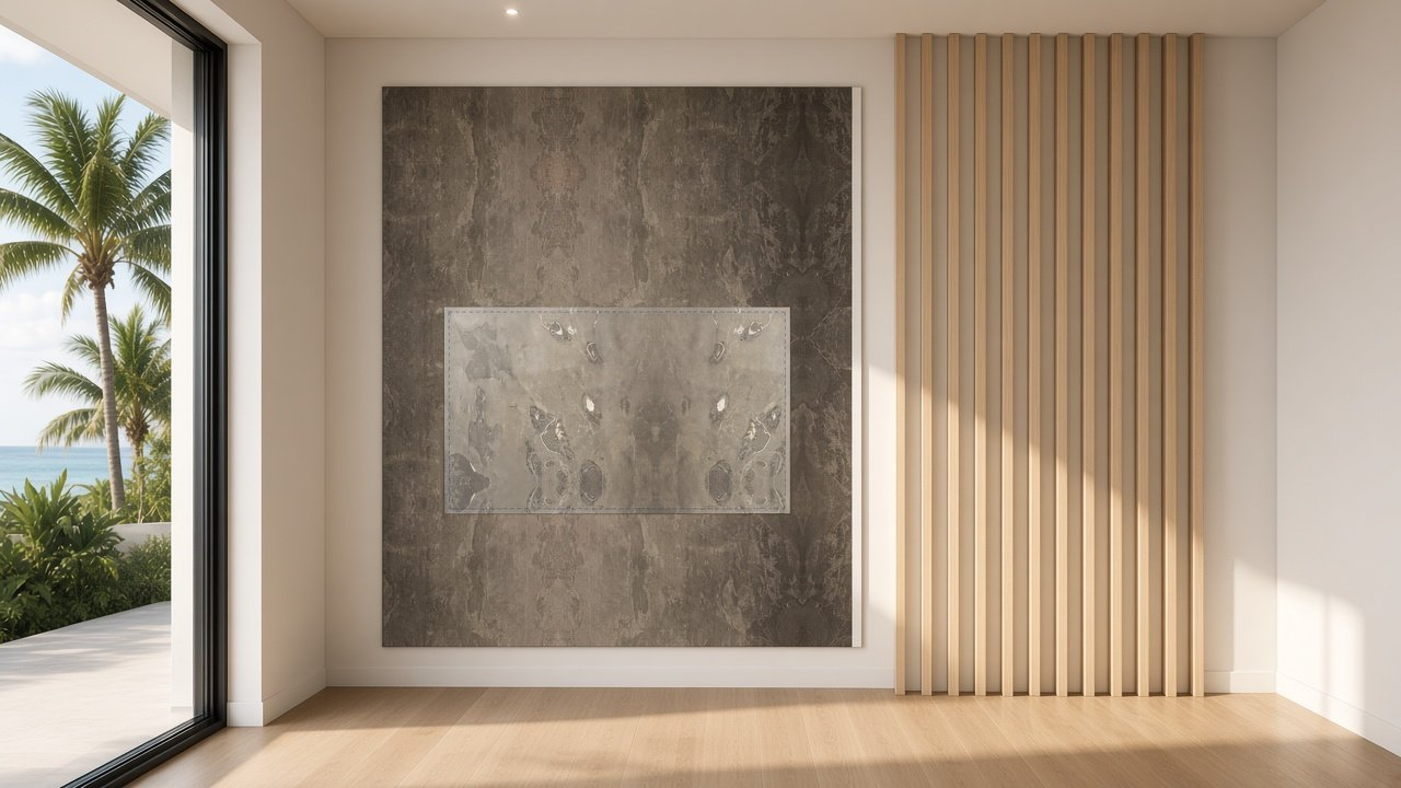 Foyer with Hurricane Slab + Stepped Oak Fins + Overcast Glow accent wall design rendering in Osprey, Florida