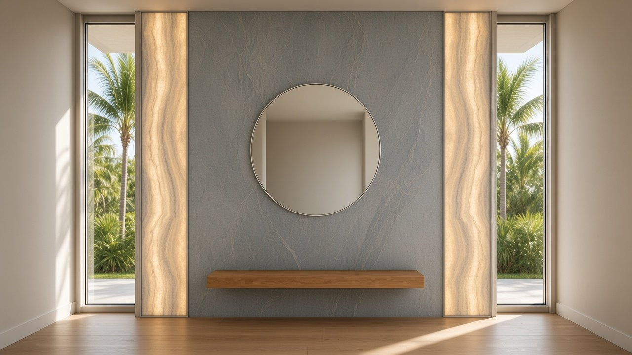 Foyer with Keys Sky Gallery + Twin Heron Lanterns accent wall design rendering in Longboat Key, Florida