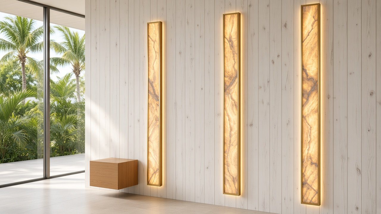 Foyer with Pecky Cypress + Lantern Strips accent wall design rendering in Venice, Florida