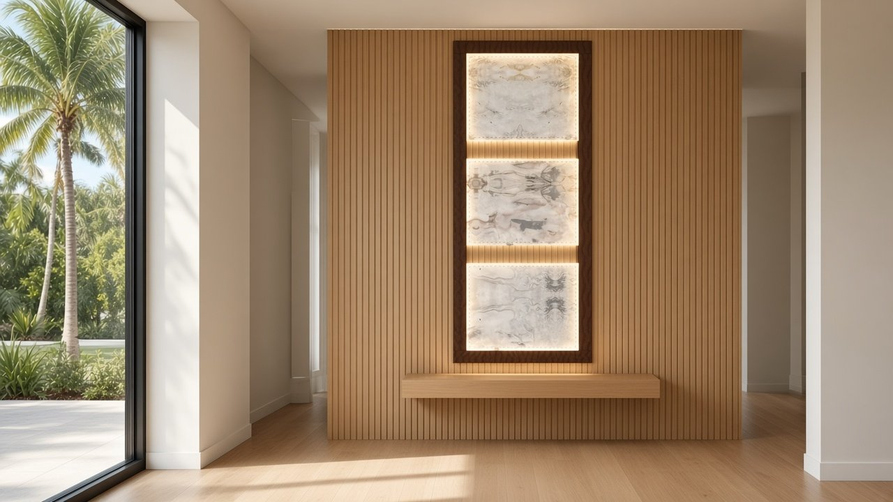 Foyer with Reeded Oak + Stacked Lantern Squares accent wall design rendering in Manasota Key, Florida