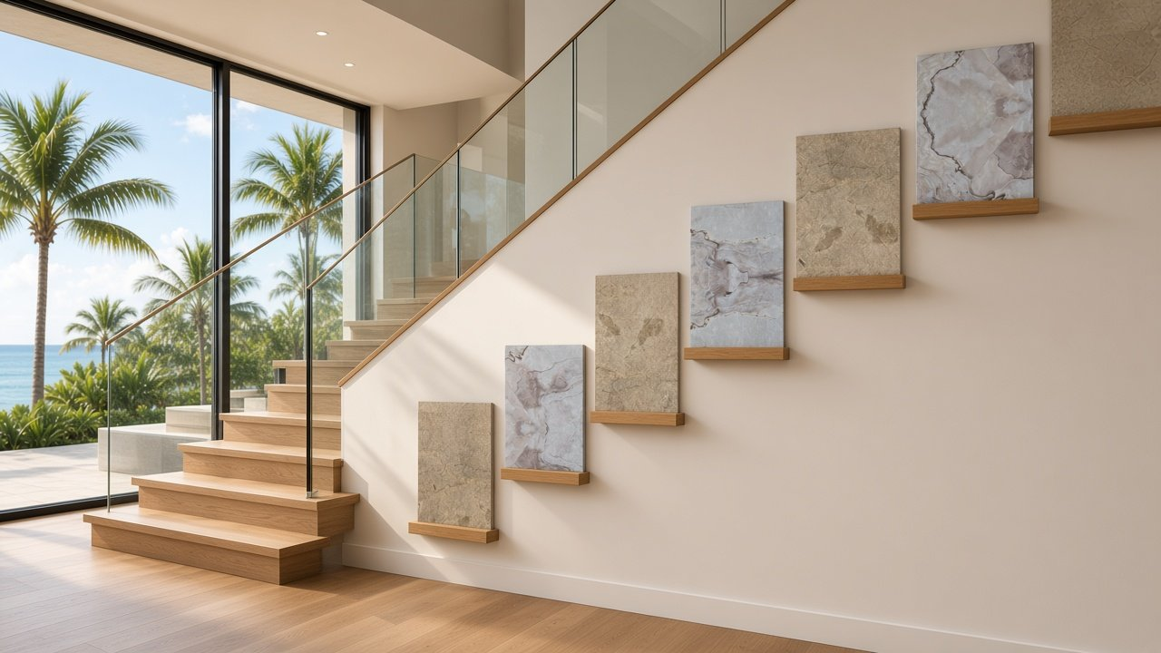 Foyer with Rising Tide Stepped Stone accent wall design rendering in Casey Key, Florida