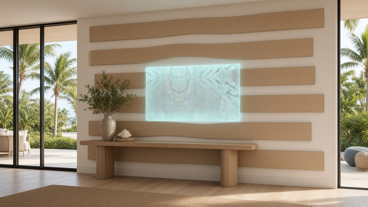 Foyer with Wave Oak Bands + Sea Mist Window accent wall design rendering in Naples, Florida