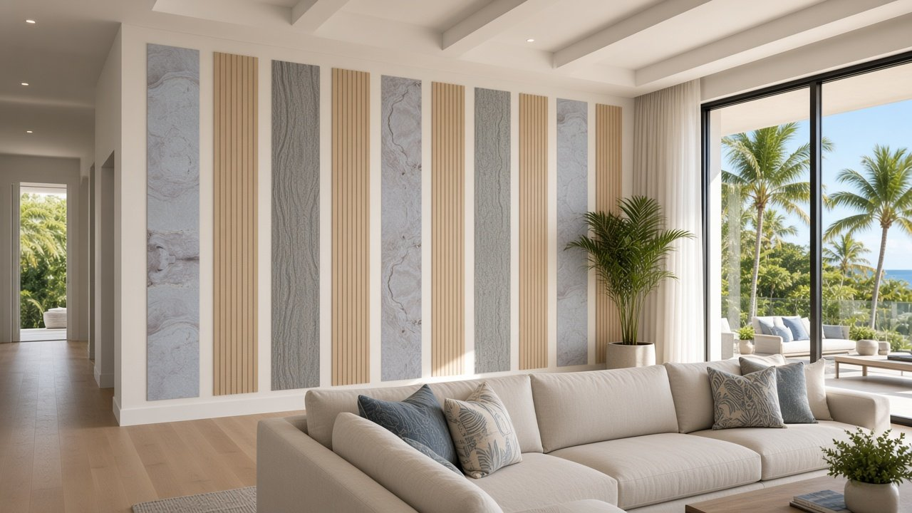 Great Room with Alternating Stone + Oak Vertical Ribbons accent wall design rendering in Bradenton, Florida