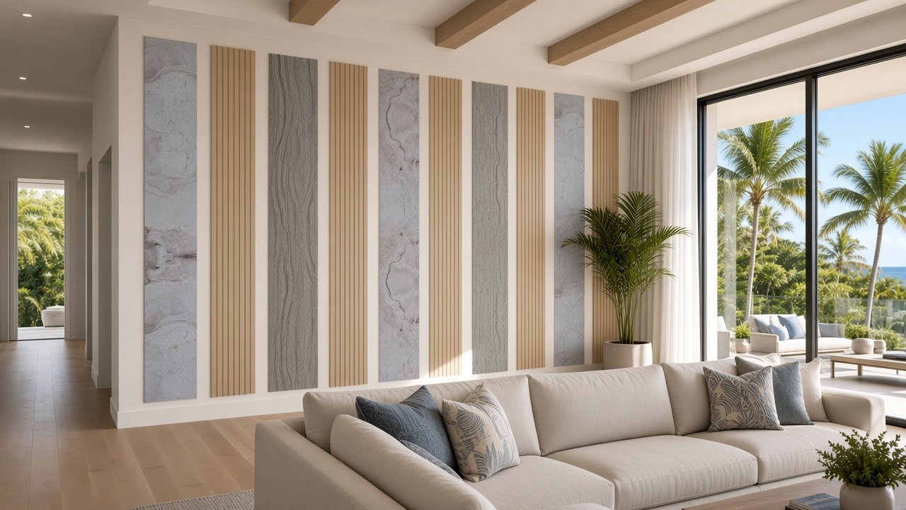 Great room with Alternating Stone + Oak Vertical Ribbons accent wall design rendering in Fort Myers, Florida