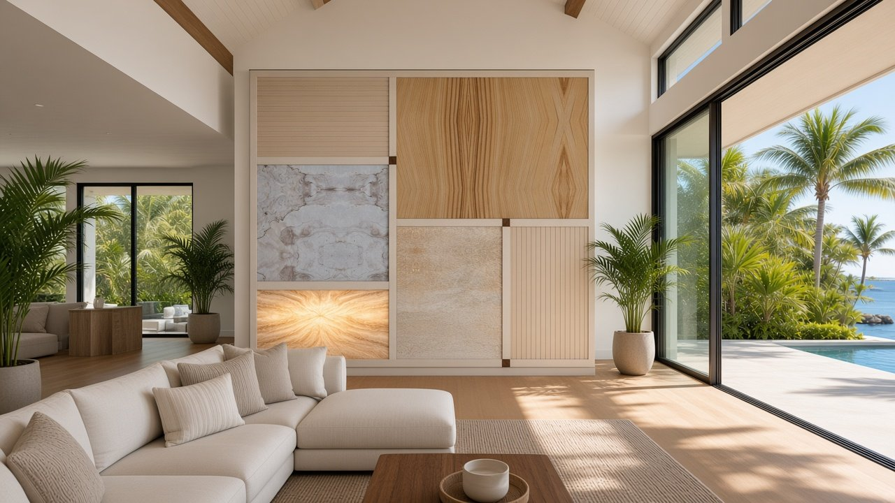 Great room with Coastal Mondrian Panel Wall accent wall design rendering in Siesta Key, Florida