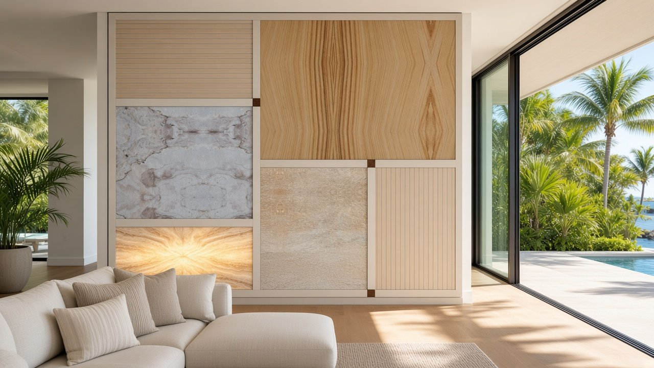 Great Room with Coastal Mondrian Panel Wall accent wall design rendering in South Sarasota, Florida