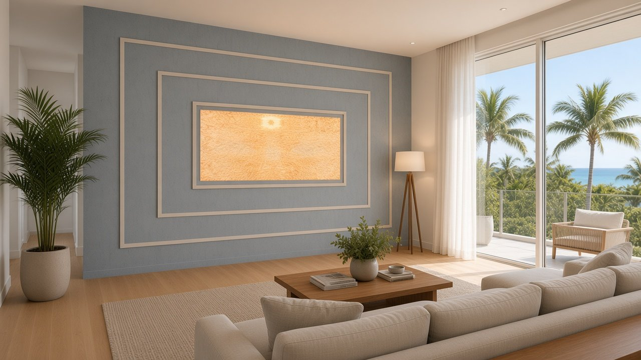 Great room with Concentric Keys Sky Frames + Honey Core accent wall design rendering in Longboat Key, Florida