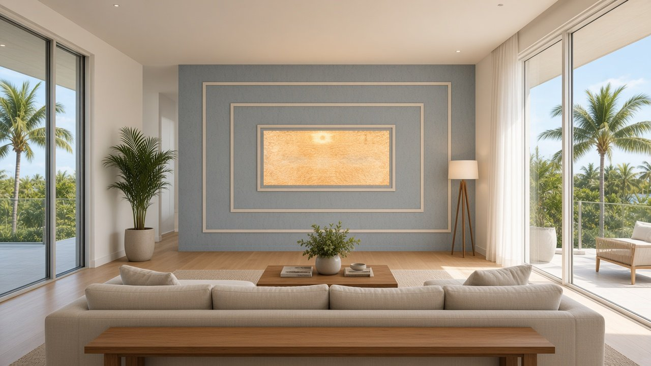 Great Room with Concentric Keys Sky Frames + Honey Core accent wall design rendering in Manasota Key, Florida