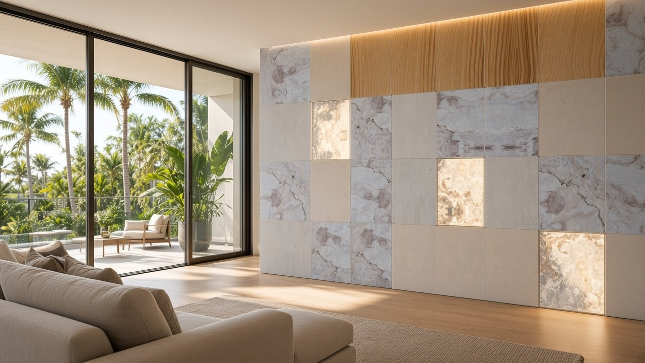 Great Room with Coquina Patchwork + Sandbar Glow Tiles accent wall design rendering in Sanibel, Florida