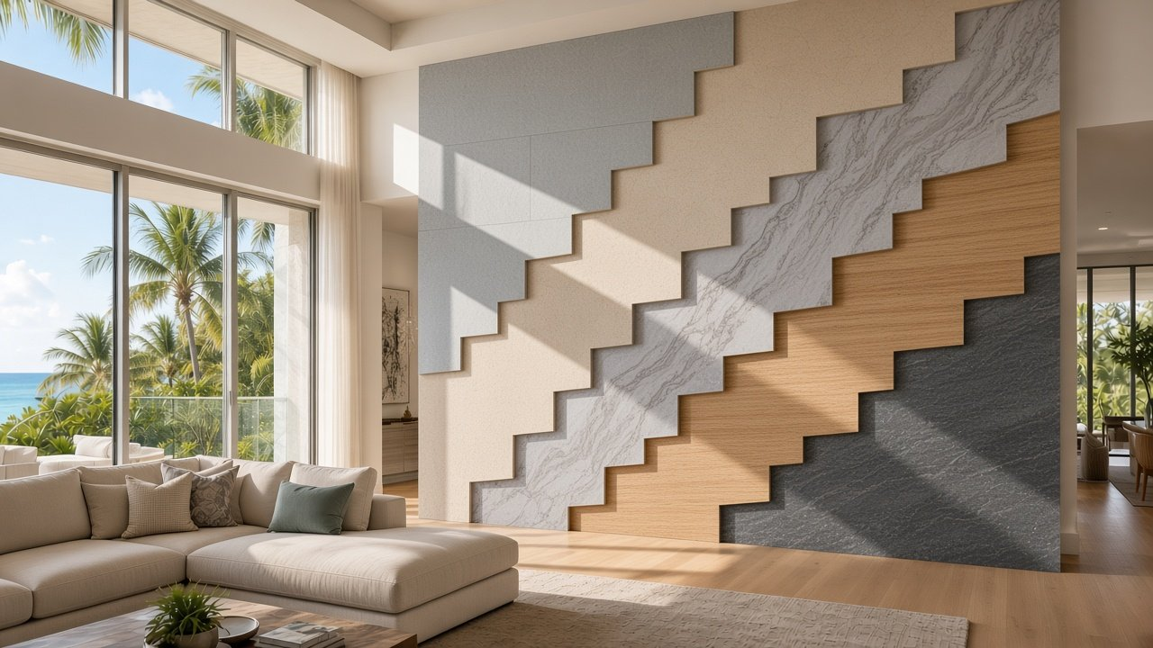 Great room with Diagonal Stone Strata Bands accent wall design rendering in Cape Coral, Florida