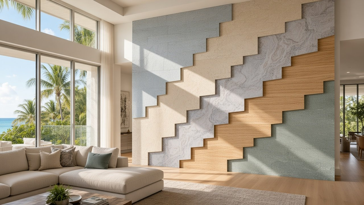 Great Room with Diagonal Stone Strata Bands accent wall design rendering in Sanibel, Florida