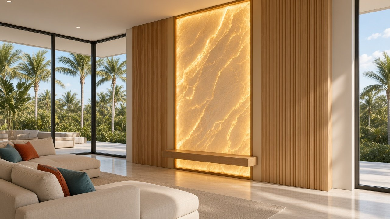 Great room with Fluted Oak Towers + Honey Glow Centre accent wall design rendering in Babcock Ranch, Florida
