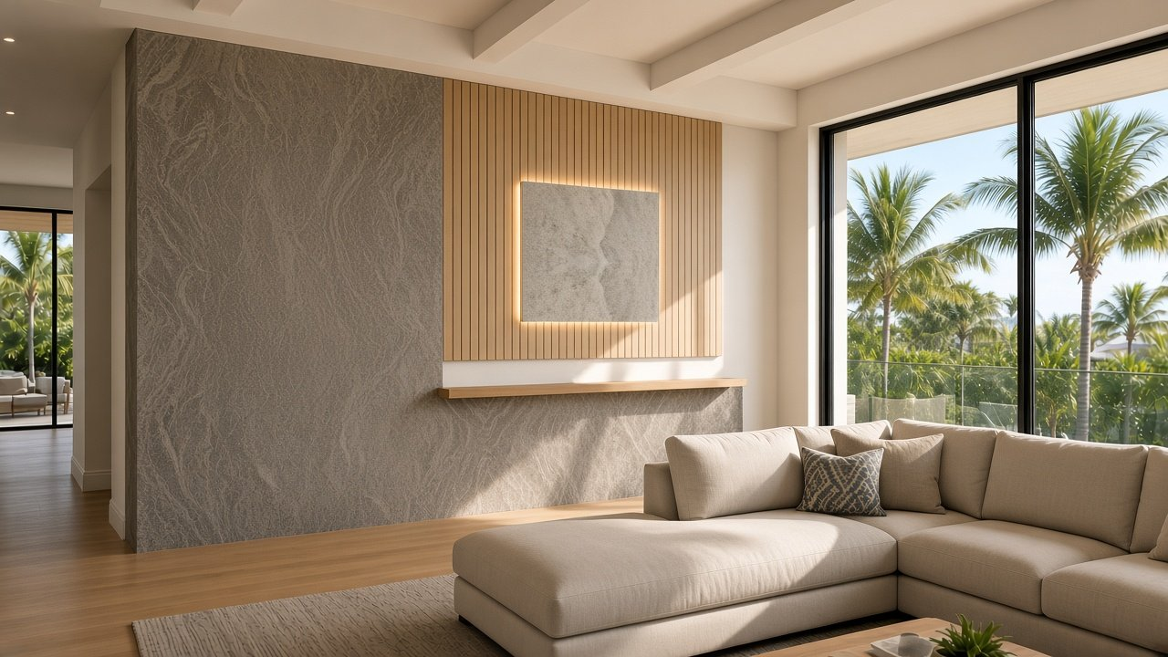 Great room with Gasparilla L-Stone + Oak Slats + Heron Glow accent wall design rendering in Clearwater, Florida