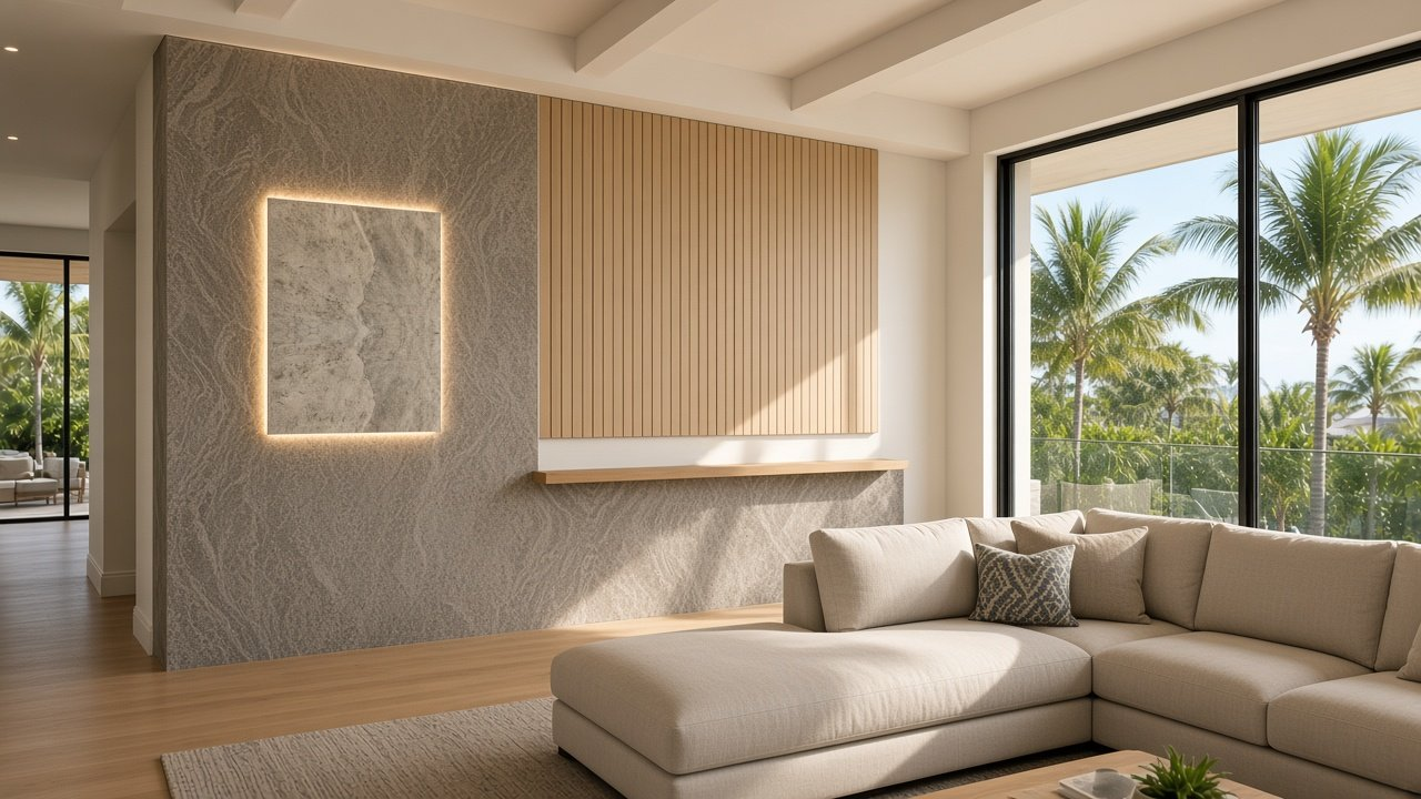 Great Room with Gasparilla L-Stone + Oak Slats + Heron Glow accent wall design rendering in St Petersburg, Florida