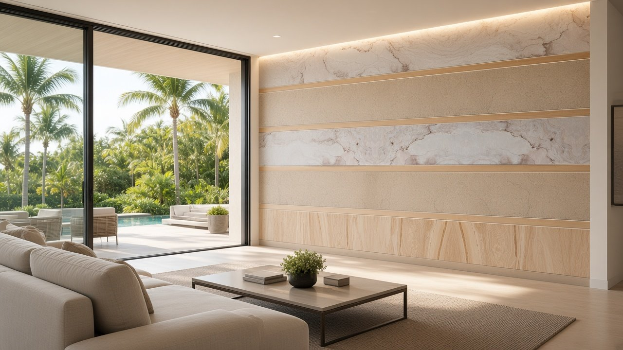 Great Room with Gulf Strata – Layered Stone Bands accent wall design rendering in Casey Key, Florida