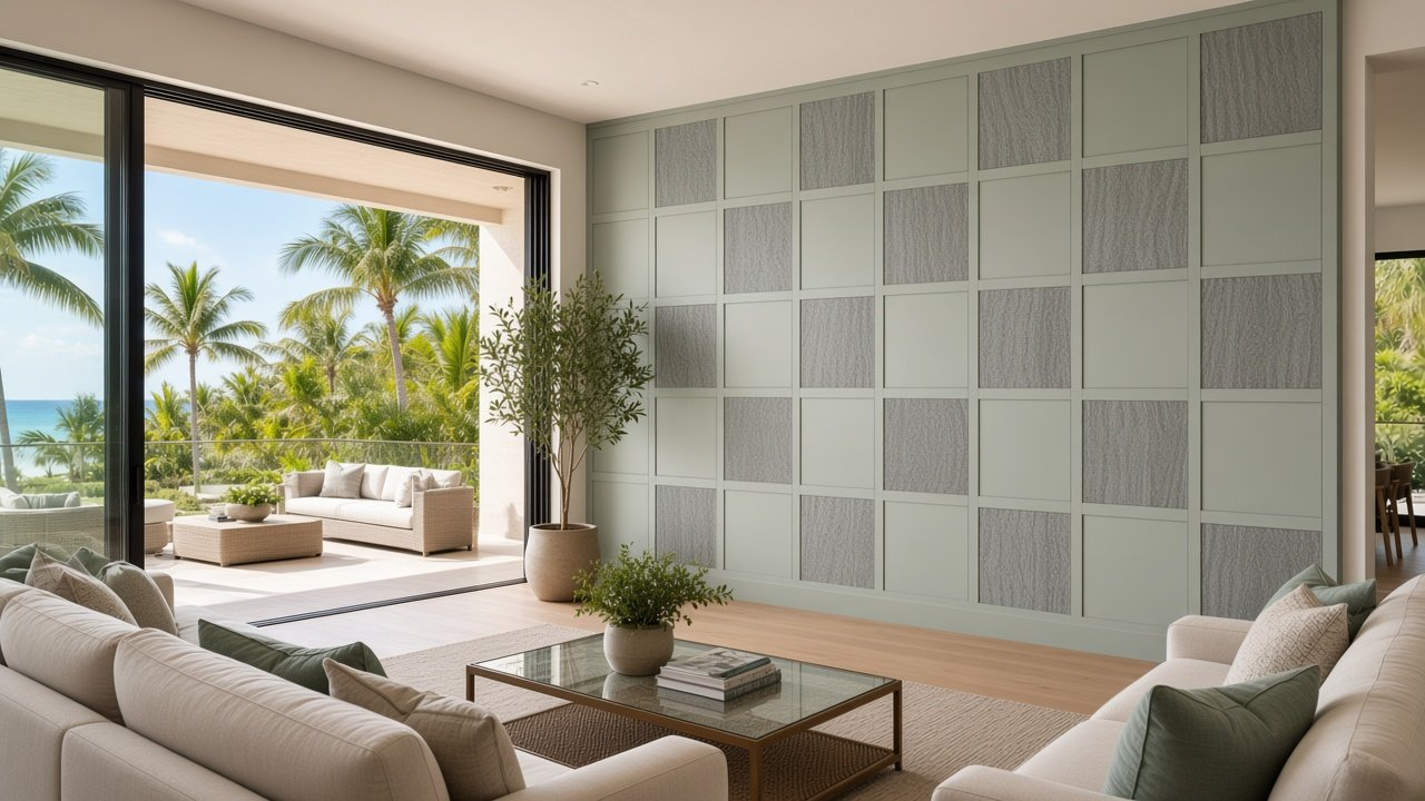 Great Room with Heron Mist Checkerboard Batten accent wall design rendering in Osprey, Florida
