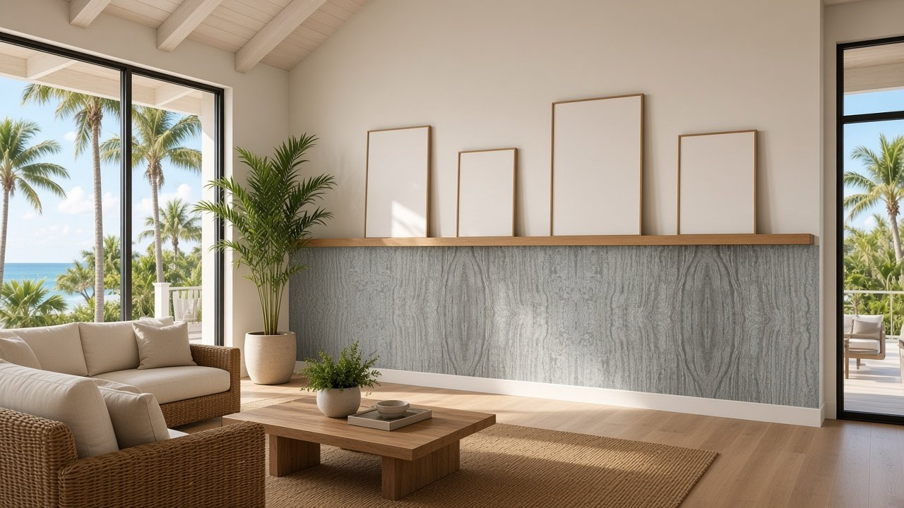 Great Room with Heron Mist Tall Wainscot + Gallery Ledge accent wall design rendering in Wellen Park, Florida