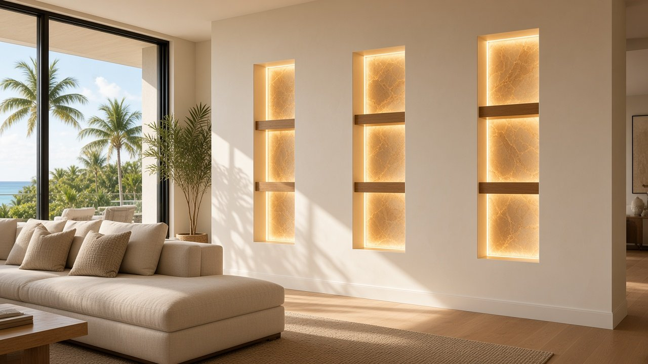 Great room with Honey Glow Triple Niche Wall accent wall design rendering in Fort Myers, Florida