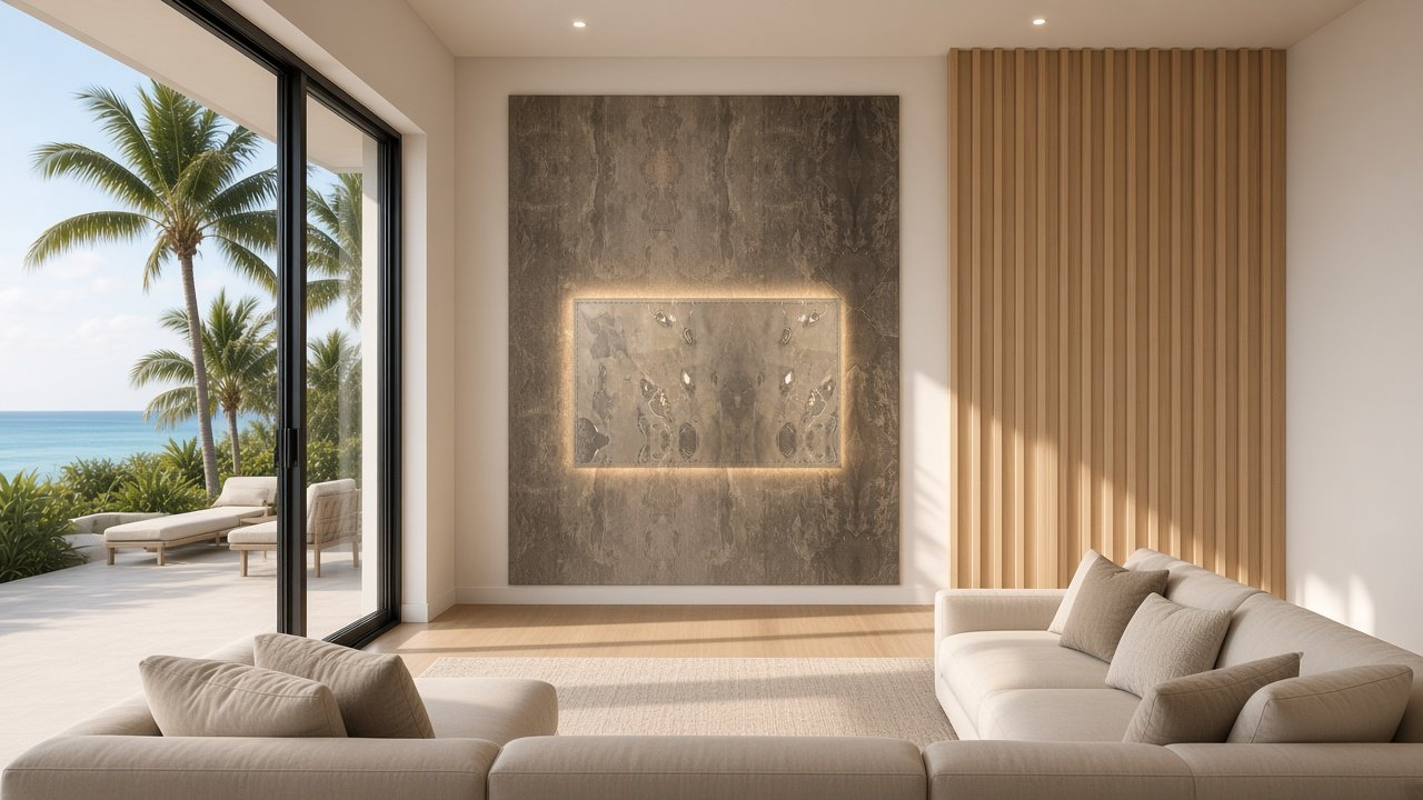 Great room with Hurricane Slab + Stepped Oak Fins + Overcast Glow accent wall design rendering in Boca Grande, Florida