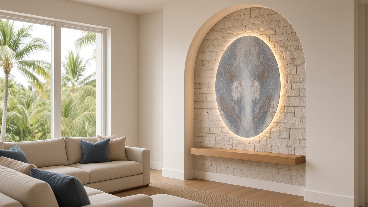 Great room with Keys Sky Arc Niche + Sandbar Glow accent wall design rendering in Sanibel, Florida