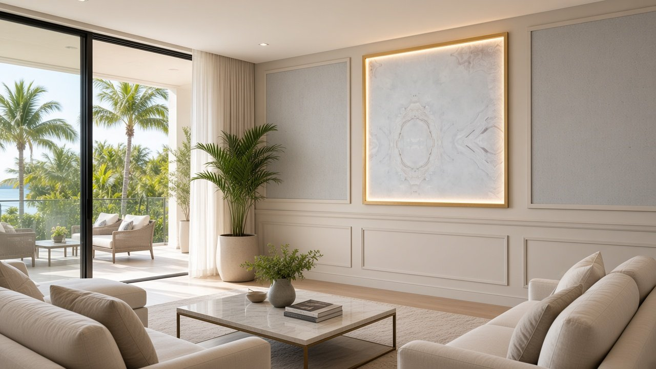 Great room with Keys Sky Gallery Wainscot accent wall design rendering in Nokomis, Florida