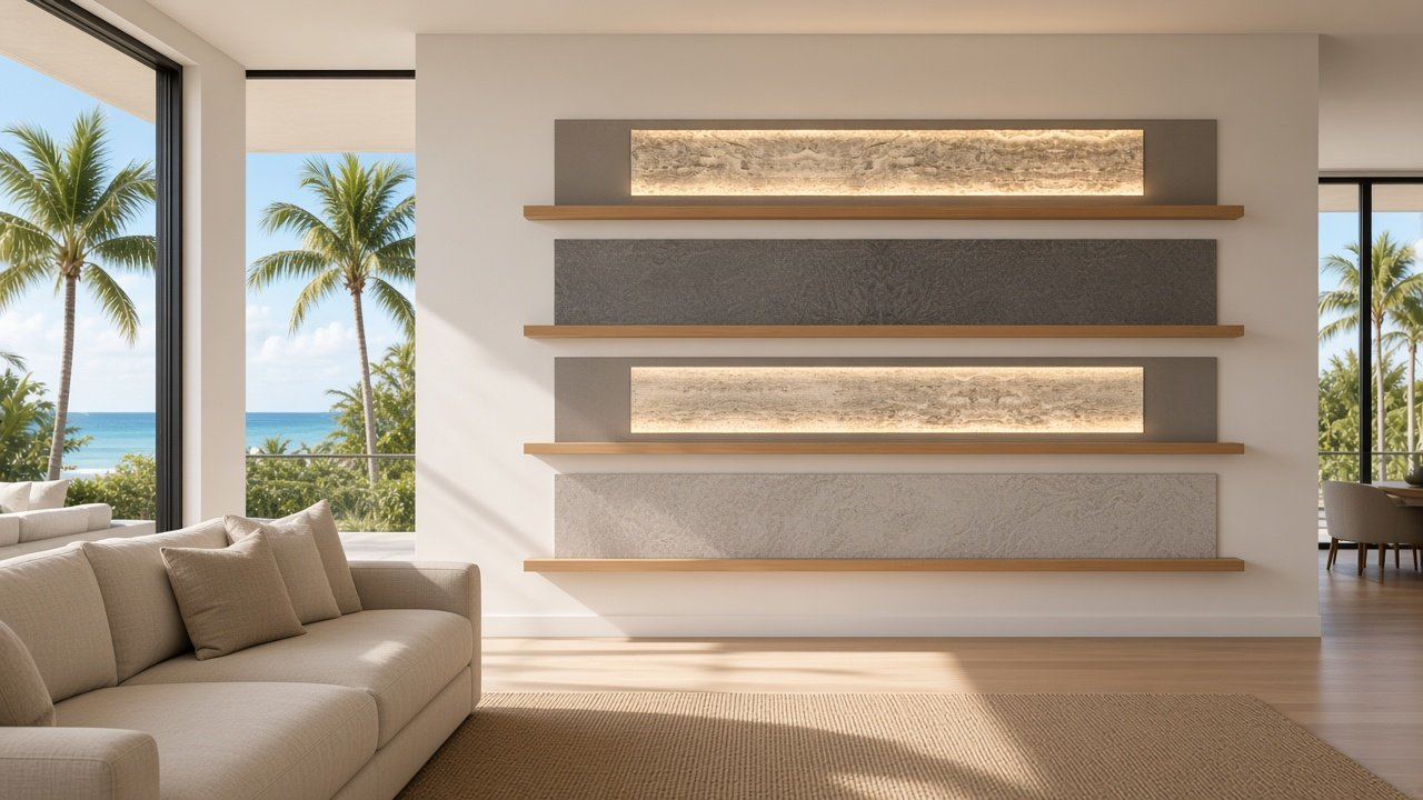 Great Room with Layered Stone Shelves + Pier Grey Backs accent wall design rendering in South Sarasota, Florida
