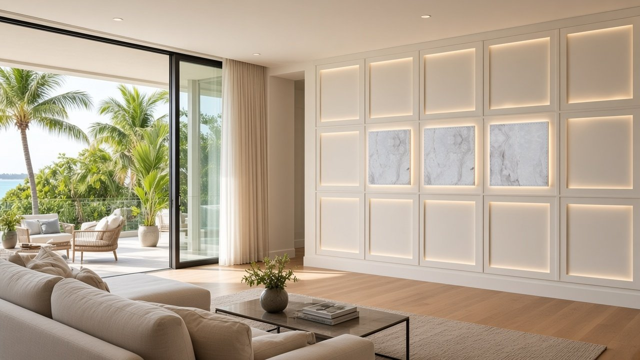 Great room with Moonglow Coffered Wall accent wall design rendering in Naples, Florida