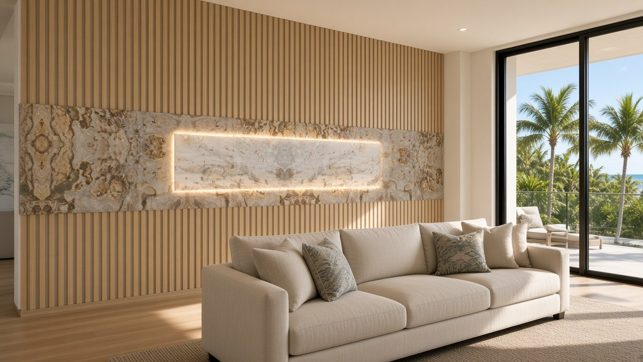Great Room with Oak Slat Wall + Coquina Shore Belt + Glow accent wall design rendering in Casey Key, Florida