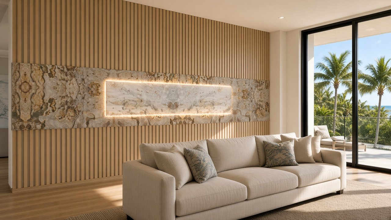 Great room with Oak Slat Wall + Coquina Shore Belt + Glow accent wall design rendering in St Petersburg, Florida