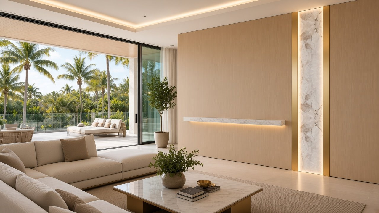 Great room with Rift Oak Wide-Board + Moonglow Spine accent wall design rendering in Sarasota, Florida
