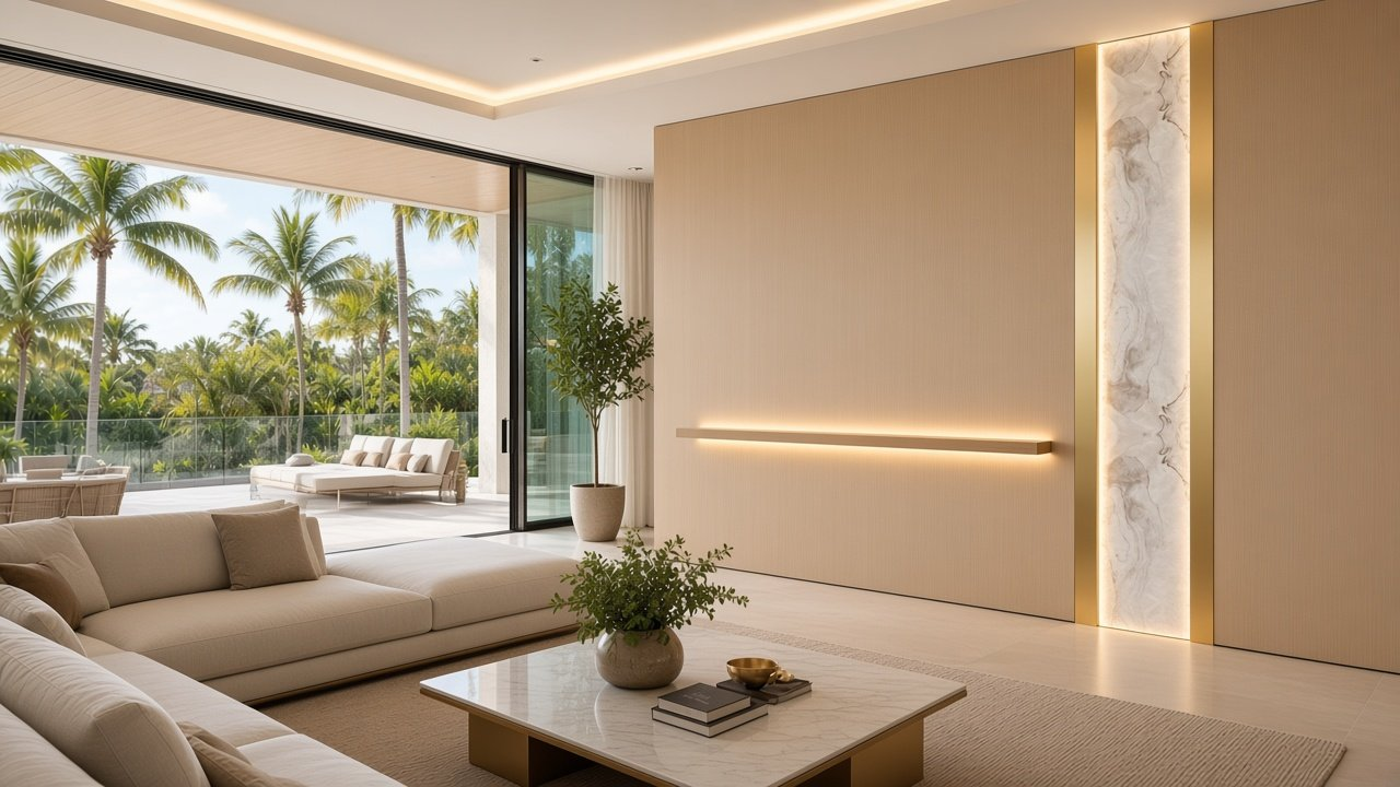 Great Room with Rift Oak Wide-Board + Moonglow Spine accent wall design rendering in Venice, Florida