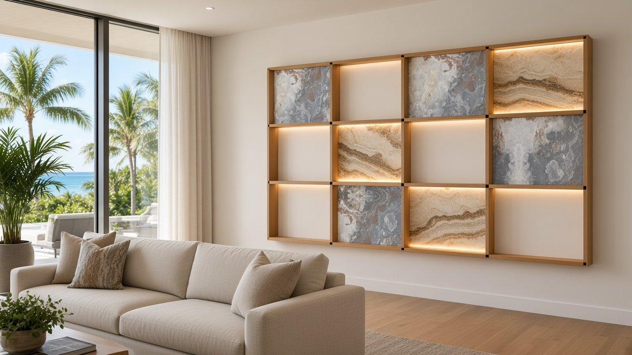 Great Room with Sandbar Glow Gallery Cubbies accent wall design rendering in Osprey, Florida