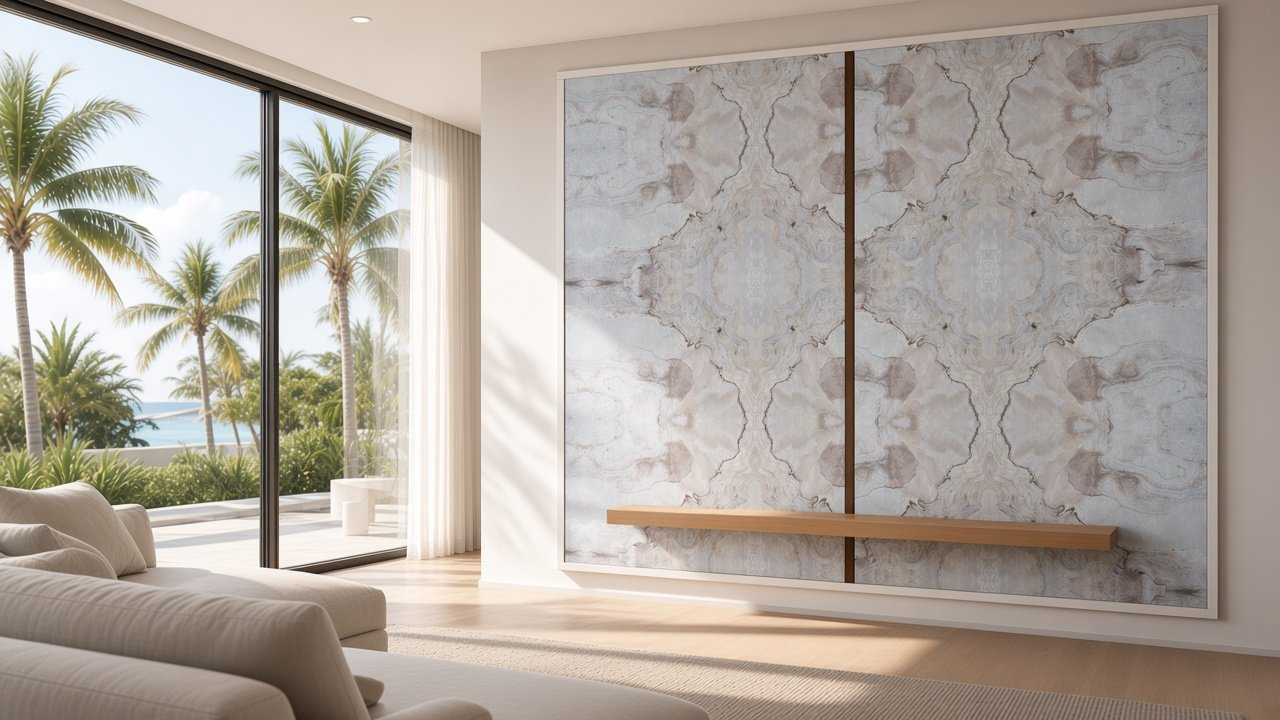 Great room with Sanibel Moonshell Bookmatch Diptych accent wall design rendering in Naples, Florida