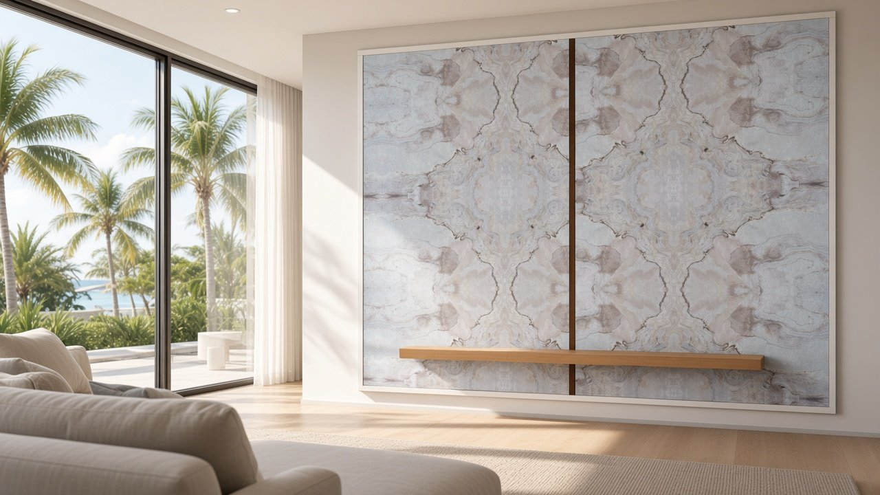 Great Room with Sanibel Moonshell Bookmatch Diptych accent wall design rendering in Tampa, Florida