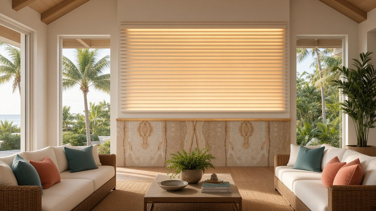 Great room with Sarasota Louver + Honey Glow Wainscot accent wall design rendering in Boca Grande, Florida