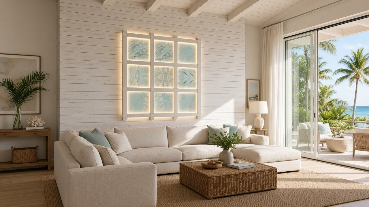 Great room with Sea Mist Window Grid accent wall design rendering in Clearwater, Florida