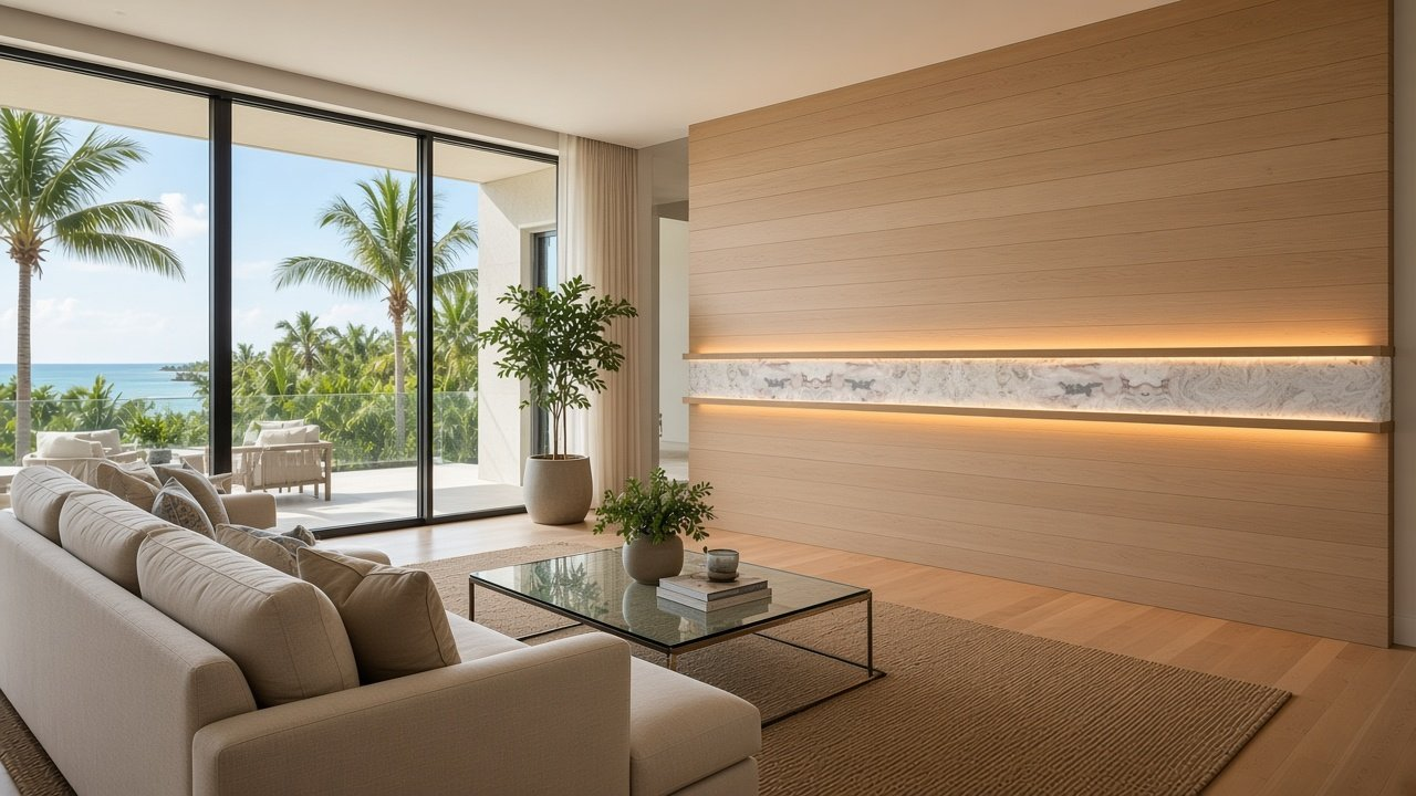 Great Room with Stacked Oak + Boca Lantern Horizon Ribbon accent wall design rendering in Clearwater, Florida