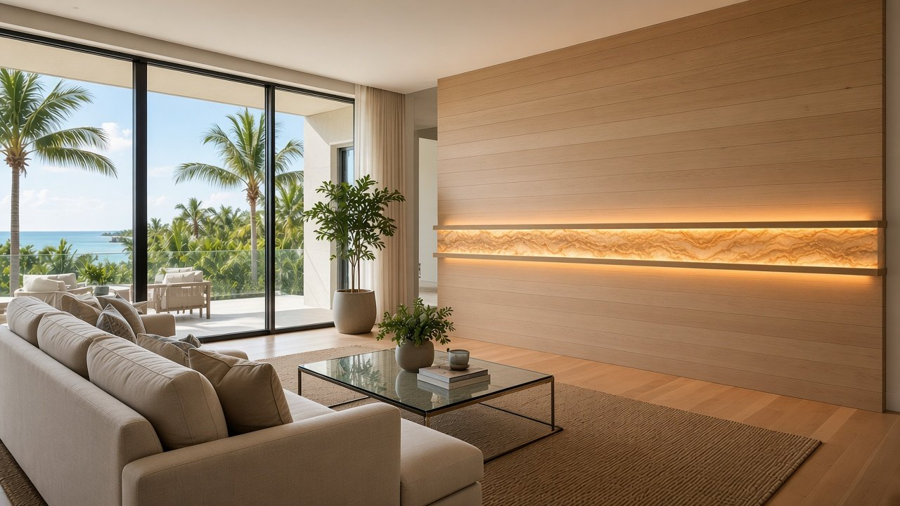 Great room with Stacked Oak + Boca Lantern Horizon Ribbon accent wall design rendering in Tampa, Florida