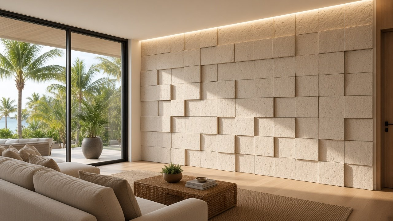 Great Room with Tabby Shell Relief Blocks accent wall design rendering in St Petersburg, Florida
