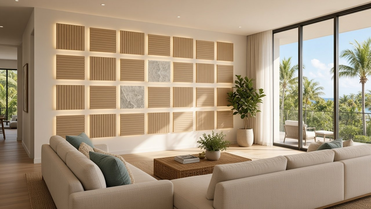 Great Room with Toca Parquet Slat Squares accent wall design rendering in Sarasota, Florida